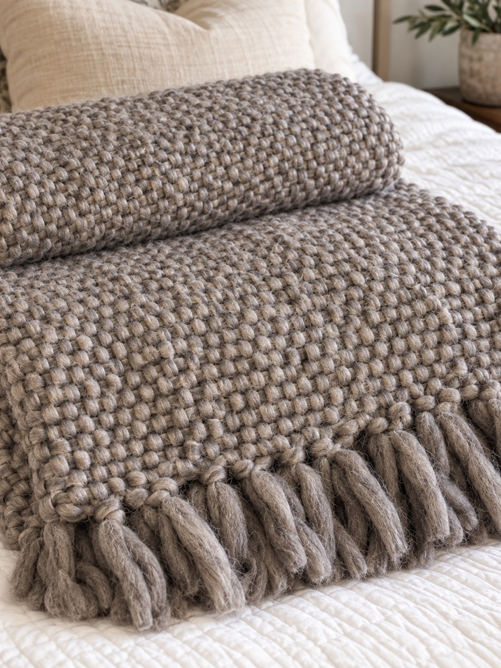Tahari Taupe Chunky Woven Throw with Fringe
